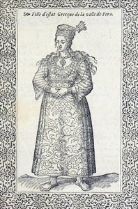 Illustratie van een Grieks meisje uit Pera, uit Les navigations, peregrinations et voyages, faicts en la Turquie, door Nicolas de Nicolay, voor 1576 door French School